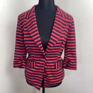 Monteau Blazer Women's Large Red & Navy Stripped 3/4‎ Sleeve Nautical Holiday